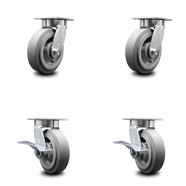 6 Inch Kingpinless Thermoplastic Rubber Wheel Swivel Caster Set with 2 Brakes